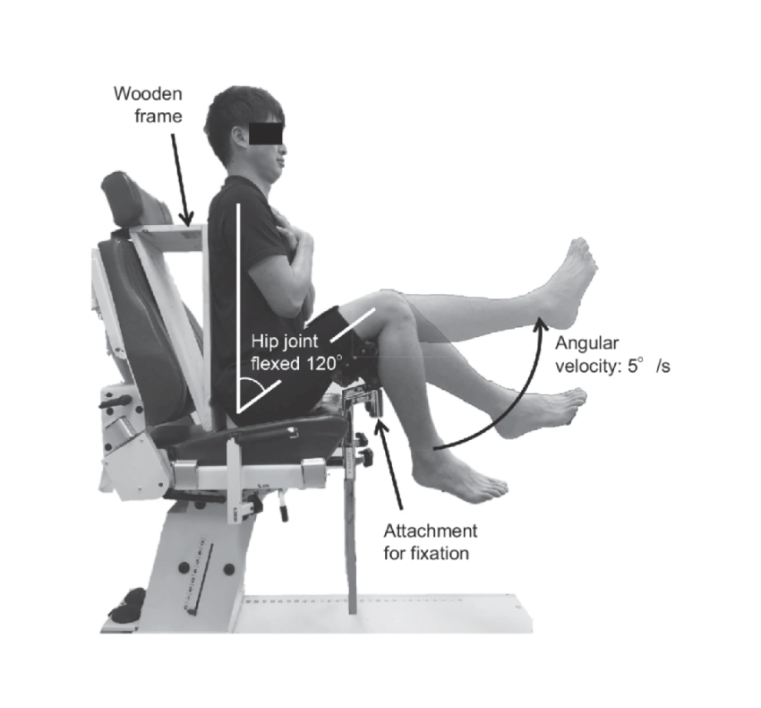 An athlete using an isokinetic dynamometer for leg exercises