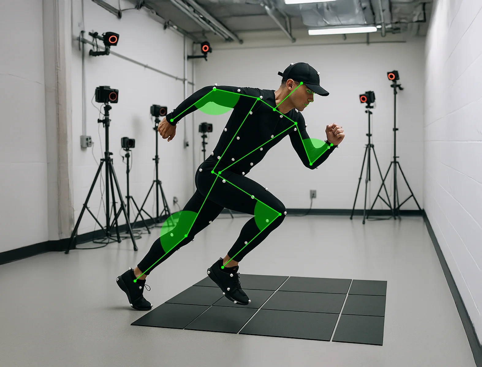 An athlete in a motion capture lab with sensors